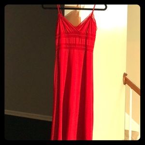 Spaghetti strap red midi dress w/ lace detailing
